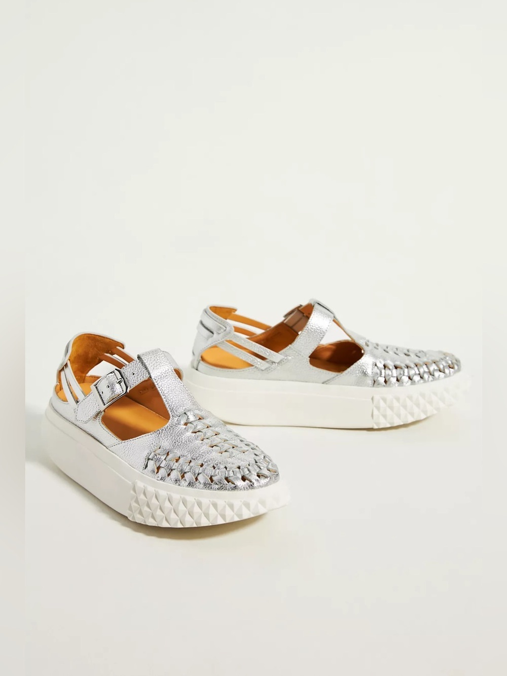 4CCCCEES Billow Ara Leather Silver Fisherman Metallic Woven Platform Sandals